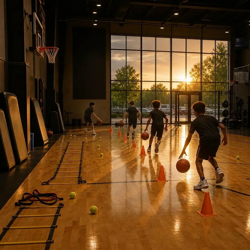 Indoor training court with agility ladders, cones, and basketball contact pads at sunset
